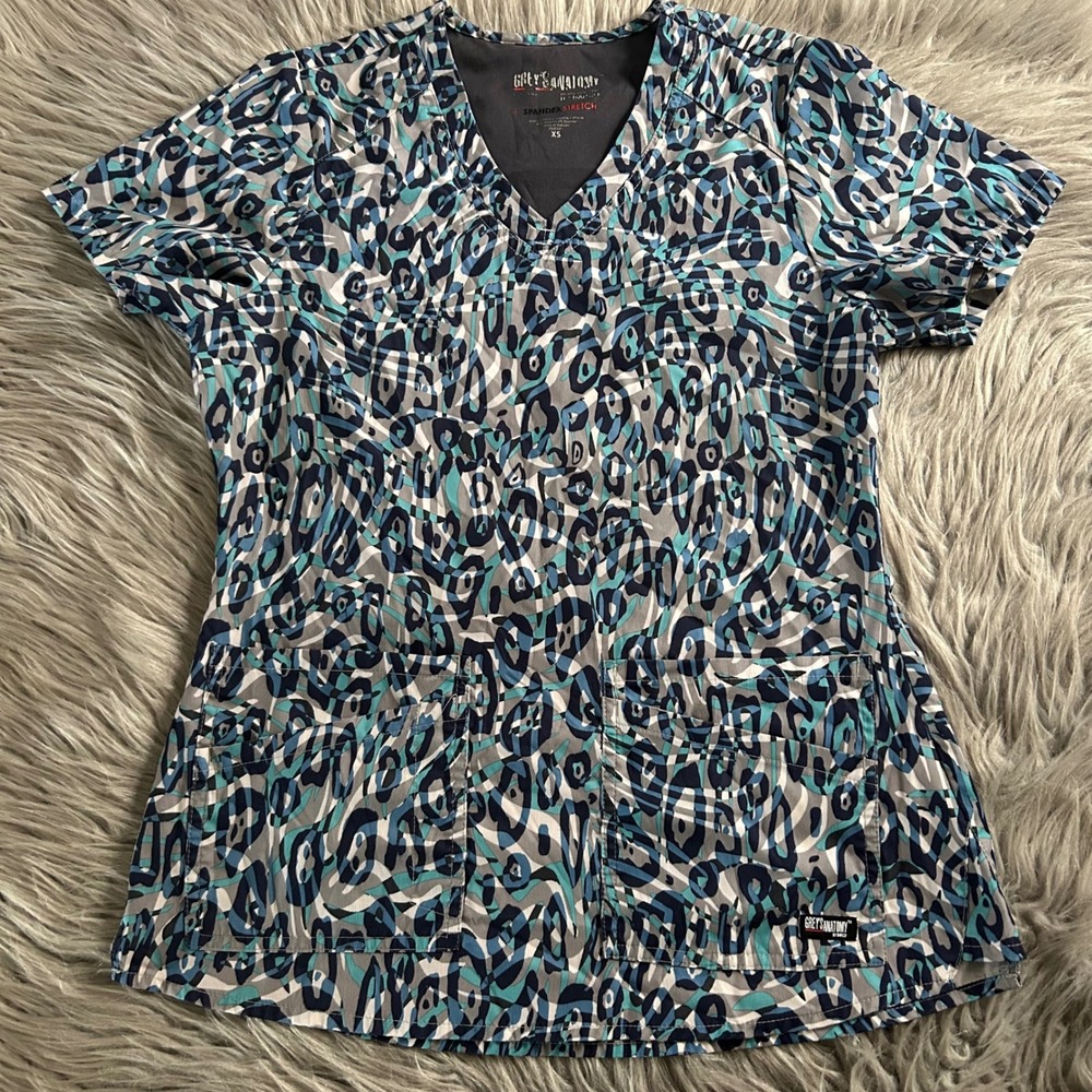 Grey's Anatomy Scrub Top Womens Size XS Blue Leopard Animal Print Work Shirt